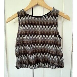 Better B Womens S Brown/Black/White/Gray Chevron Round Neck Knit Tank Zip Y2K